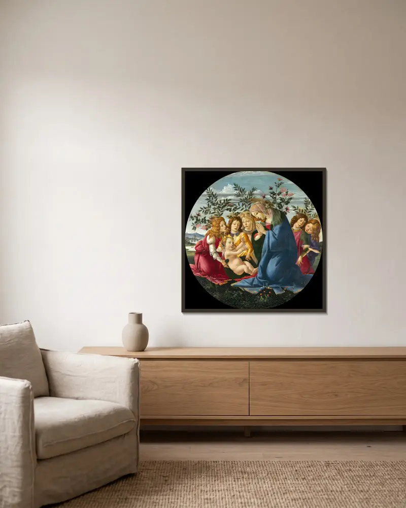Madonna Adoring the Child with Five Angels (from 1485 until 1490) av Sandro Botticelli inramad på en vägg