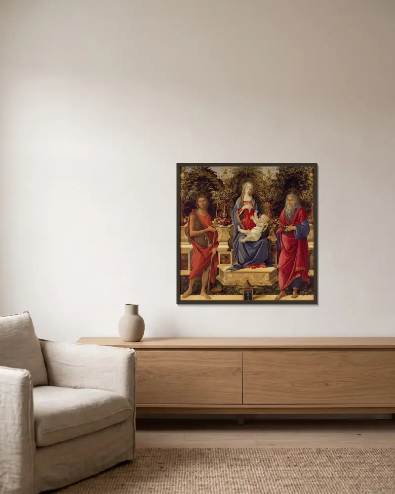 Madonna and Child with both Saints John av Sandro Botticelli inramad på en vägg