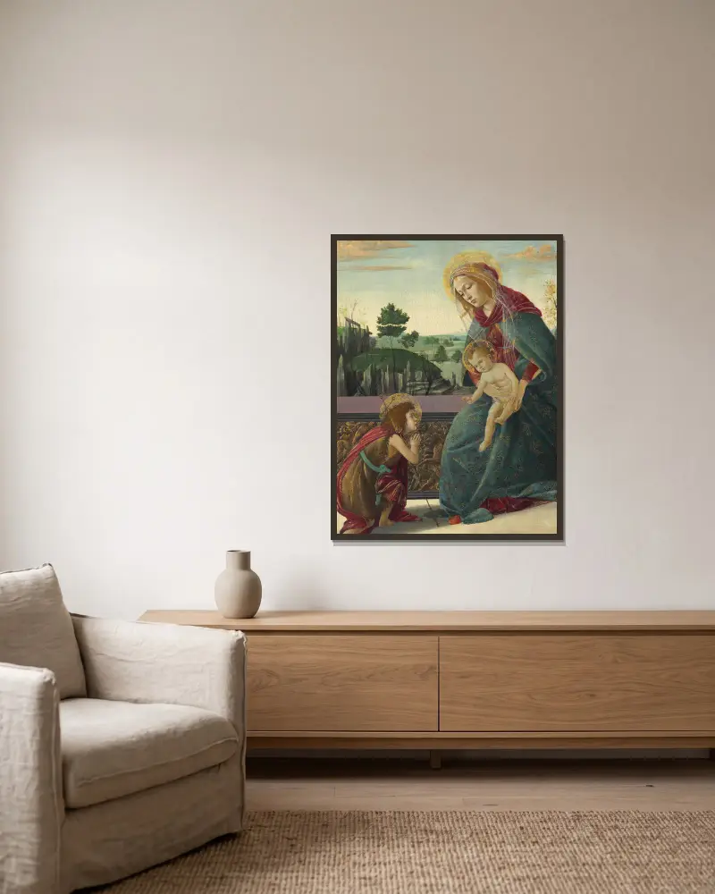 Madonna and Child with Young Saint John the Baptist av Sandro Botticelli inramad på en vägg