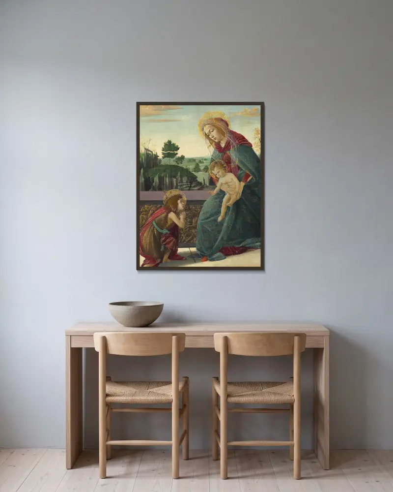Madonna and Child with Young Saint John the Baptist av Sandro Botticelli inramad på en vägg