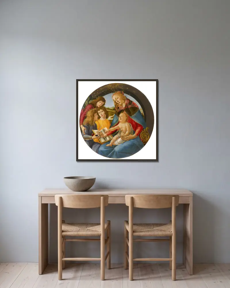 Madonna of the Magnificat av Sandro Botticelli inramad på en vägg