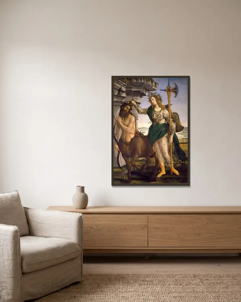 Pallas und der Kentaur von Sandro Botticelli gerahmt an einer Wand