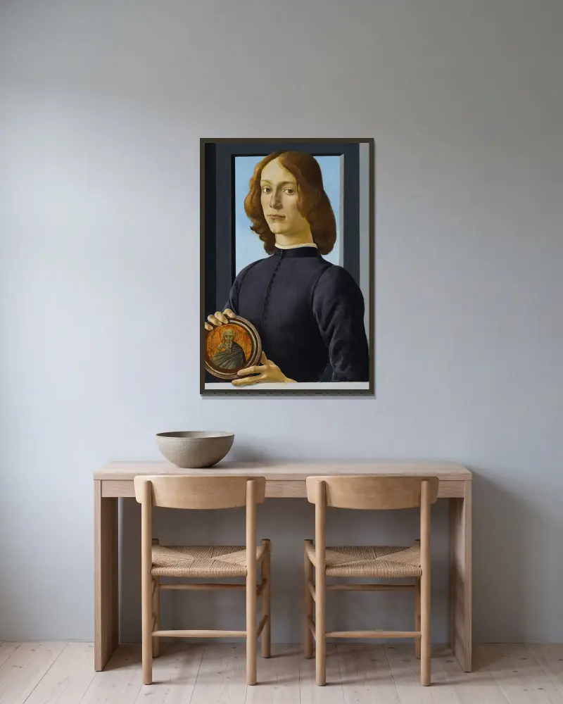 Bildnis eines jungen Mannes mit einer Medaille von Sandro Botticelli gerahmt an einer Wand
