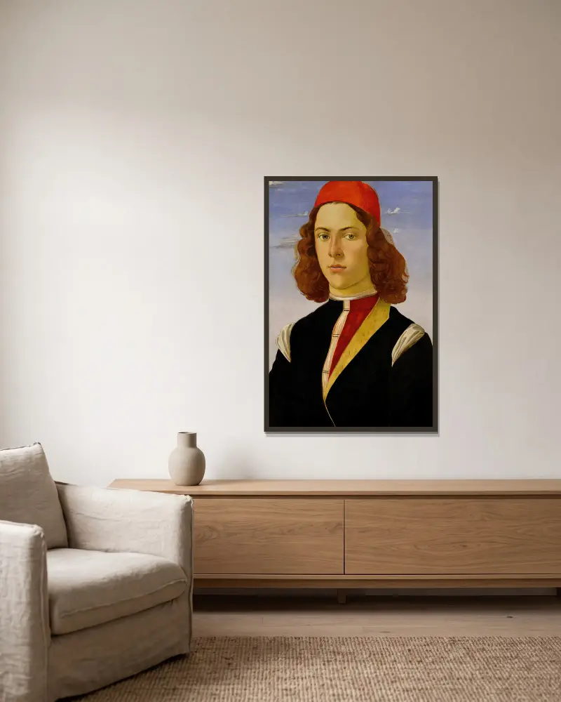 Portrait of a young man av Sandro Botticelli inramad på en vägg