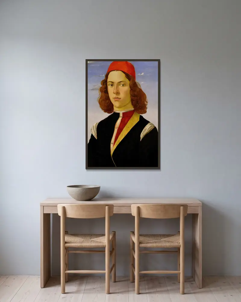 Portrait of a young man av Sandro Botticelli inramad på en vägg