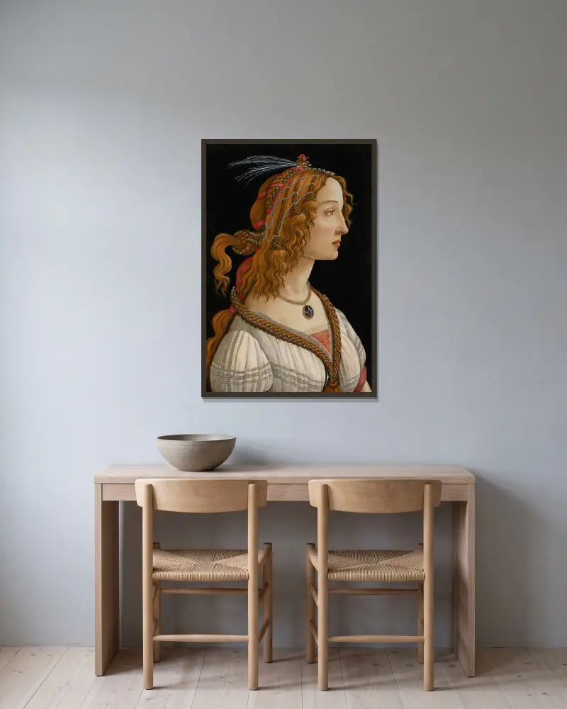 Porträtt av Simonetta Vespucci som nymf av Sandro Botticelli inramad på en vägg