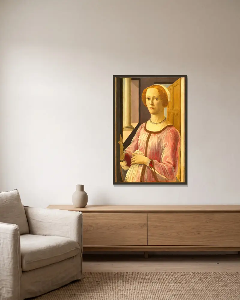Portrait of Smeralda Bandinelli av Sandro Botticelli inramad på en vägg