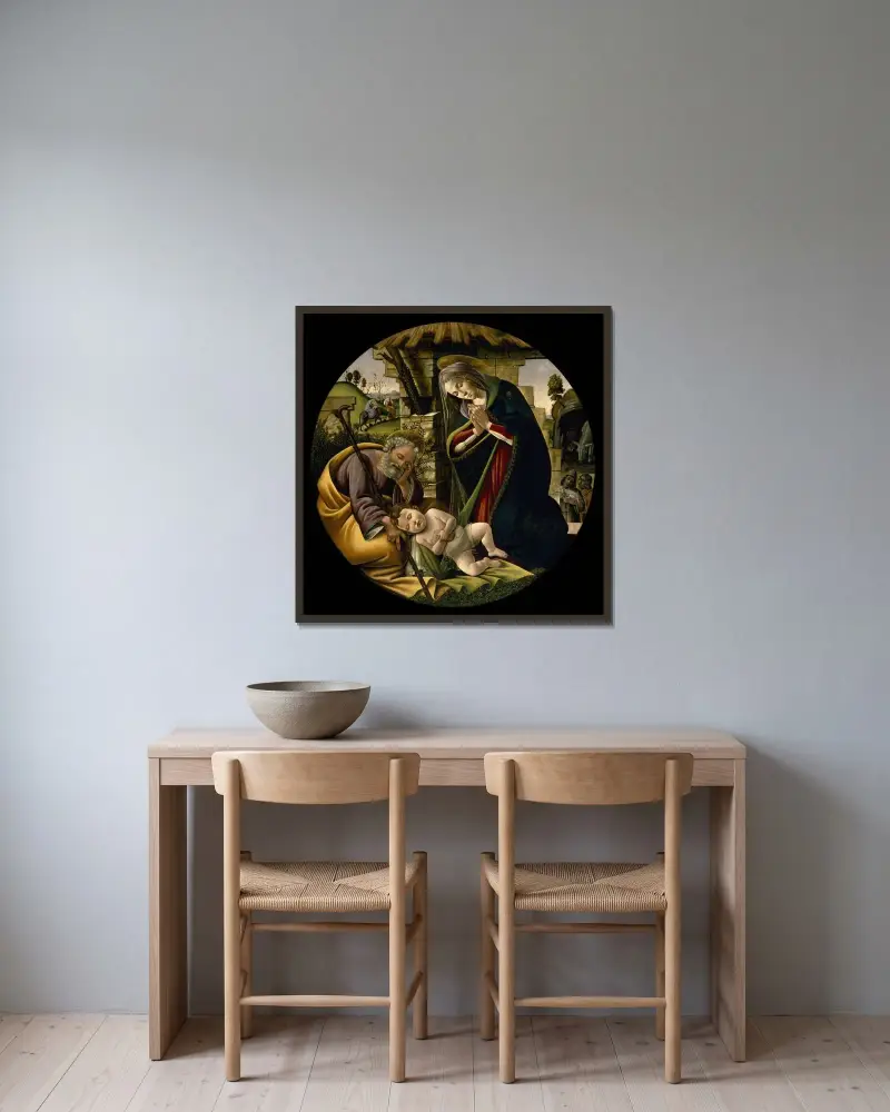 The Adoration of the Christ Child av Sandro Botticelli inramad på en vägg