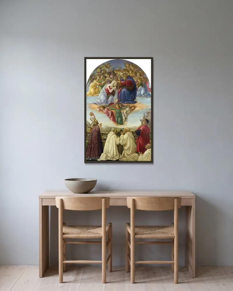 The Coronation Of The Virgin av Sandro Botticelli inramad på en vägg