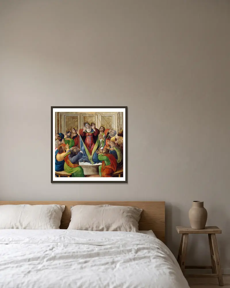 The Descent Of The Holy Ghost av Sandro Botticelli inramad på en vägg