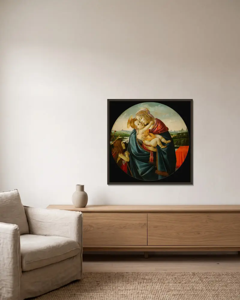 Virgin and Child With Saint John The Baptist av Sandro Botticelli inramad på en vägg