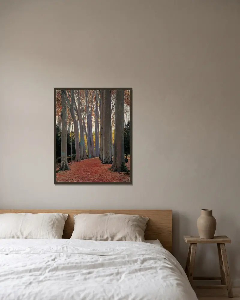 Platanallé av Santiago Rusiñol inramad på en vägg
