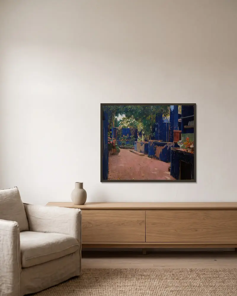 Blå gård. Arenys de Munt av Santiago Rusiñol inramad på en vägg
