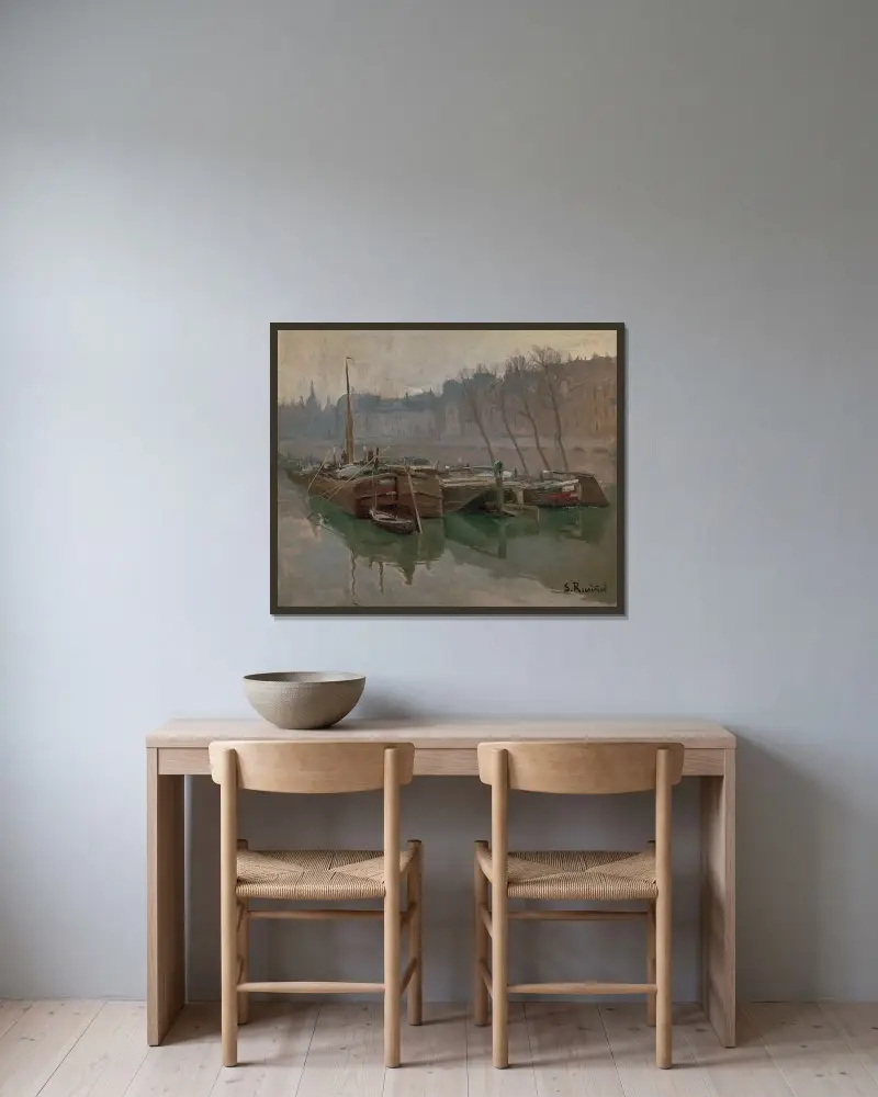 Båtar på Seine av Santiago Rusiñol inramad på en vägg