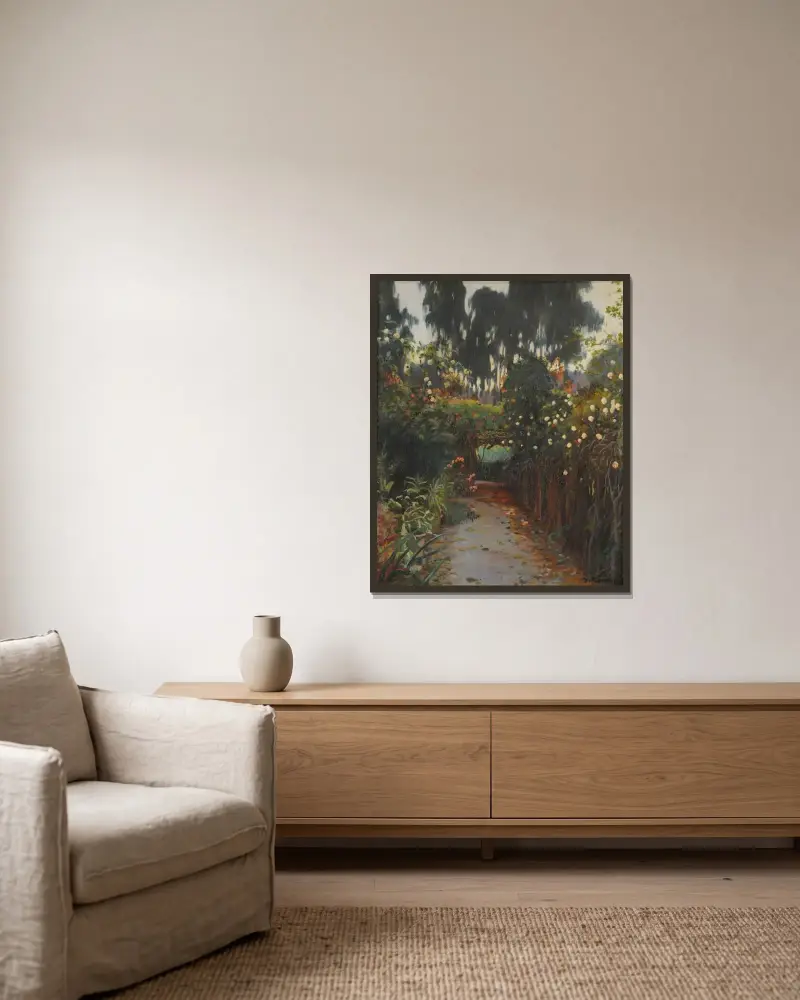 Camino de rosas von Santiago Rusiñol gerahmt an einer Wand
