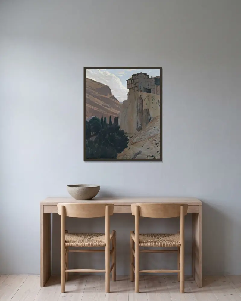 Casas Colgantes, Cuenca (Die hängenden Häuser, Cuenca) von Santiago Rusiñol gerahmt an einer Wand