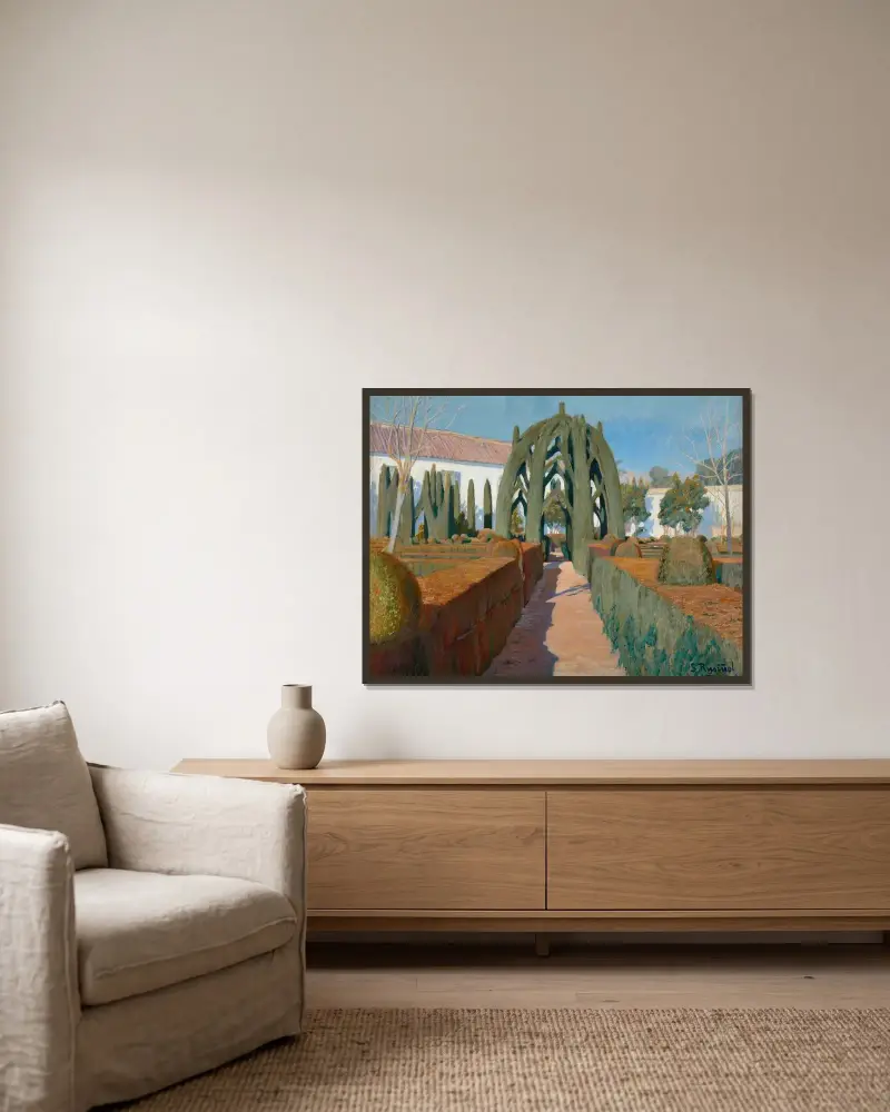 Bailarinaträdgården, Granada av Santiago Rusiñol inramad på en vägg