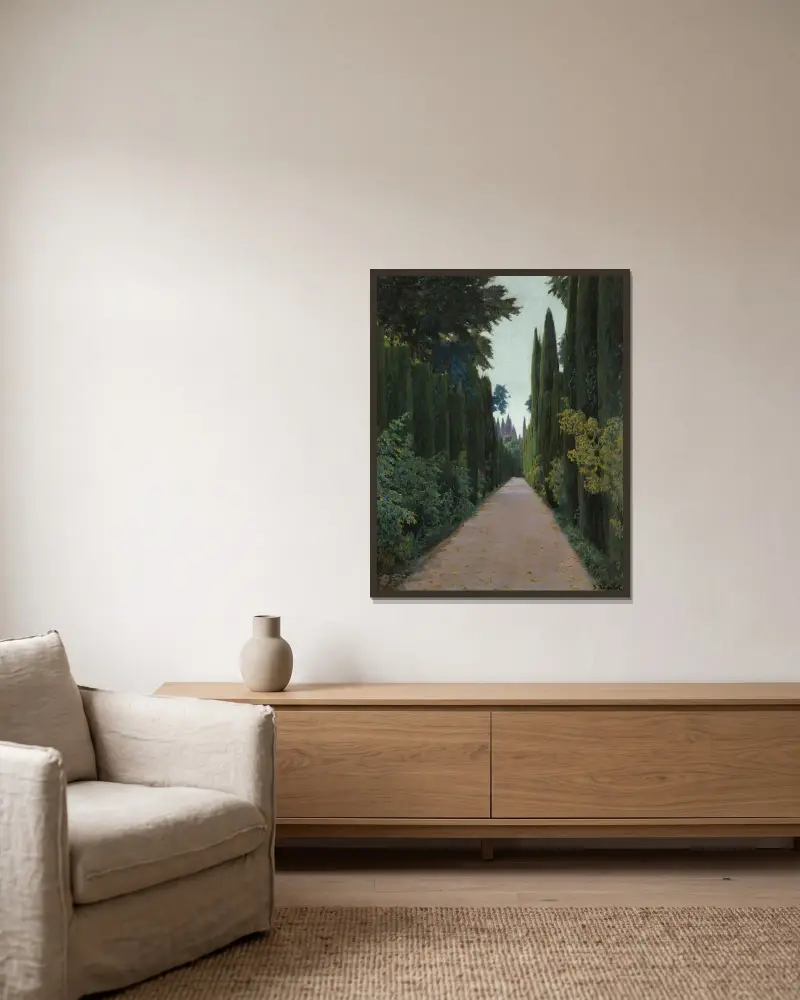 Generalifens trädgårdar, Granada av Santiago Rusiñol inramad på en vägg
