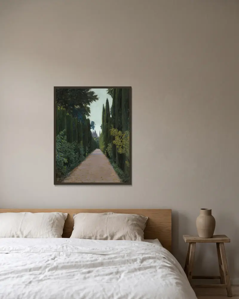 Generalifens trädgårdar, Granada av Santiago Rusiñol inramad på en vägg