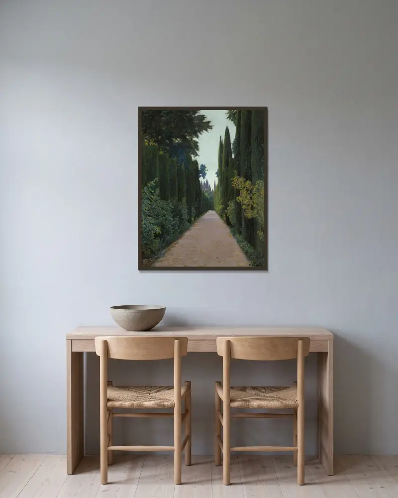 Generalifens trädgårdar, Granada av Santiago Rusiñol inramad på en vägg