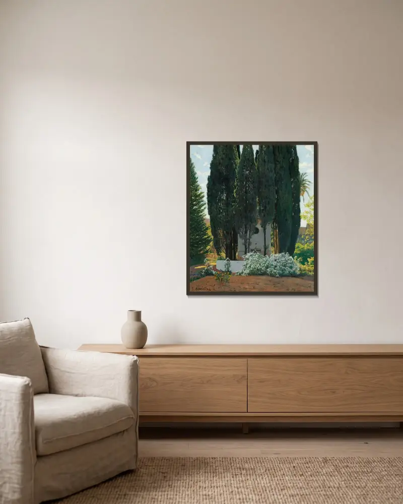 Cypressens fontän av Santiago Rusiñol inramad på en vägg