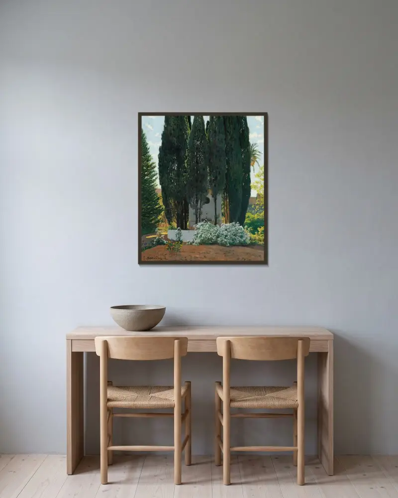 Cypressens fontän av Santiago Rusiñol inramad på en vägg