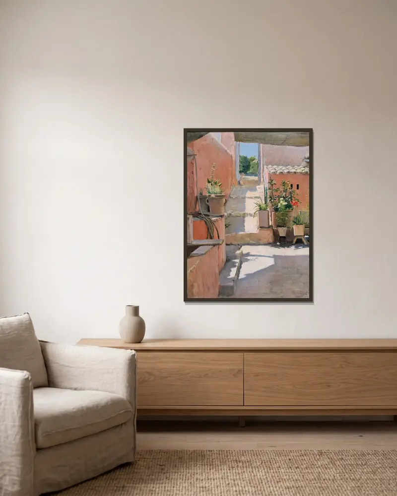 Hof in Sitges von Santiago Rusiñol gerahmt an einer Wand
