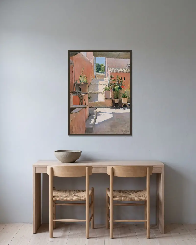 Hof in Sitges von Santiago Rusiñol gerahmt an einer Wand