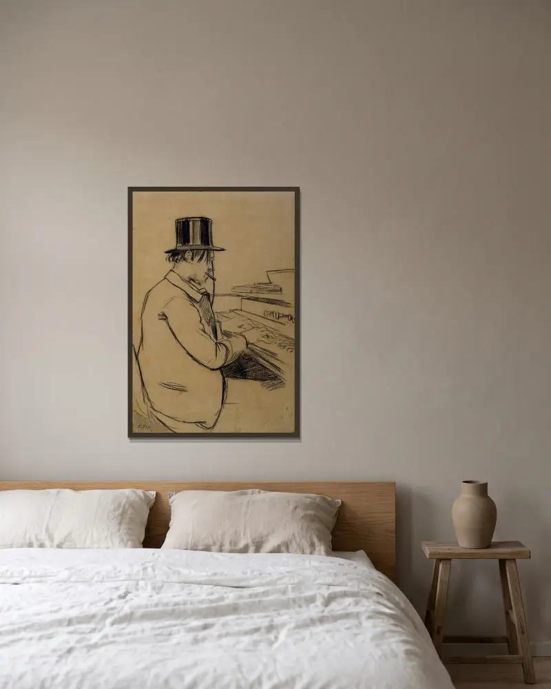 Porträtt av Erik Satie vid harmoniet av Santiago Rusiñol inramad på en vägg