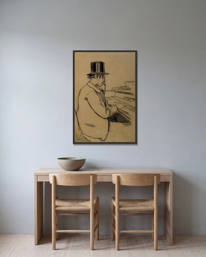 Porträtt av Erik Satie vid harmoniet av Santiago Rusiñol inramad på en vägg