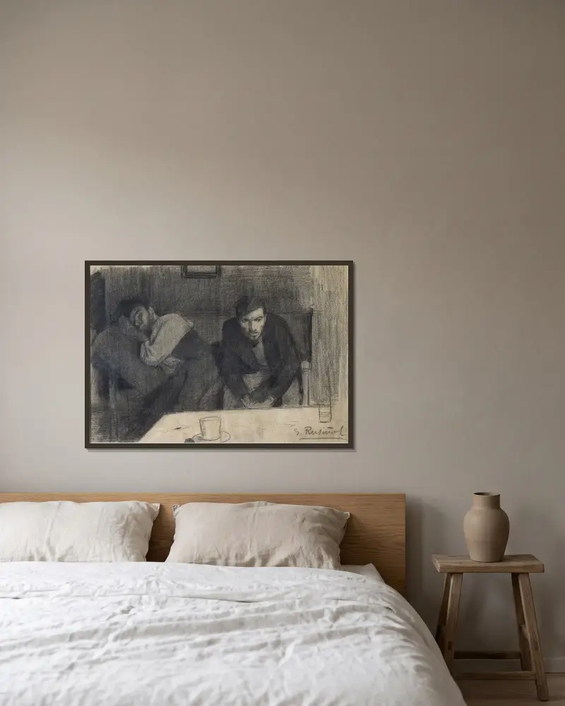 Porträt des Bildhauers Carles Mani und des Malers Pere Ferran von Santiago Rusiñol gerahmt an einer Wand