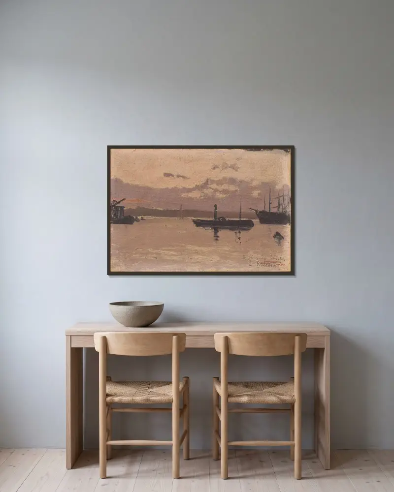 Skiss av en hamn av Santiago Rusiñol inramad på en vägg