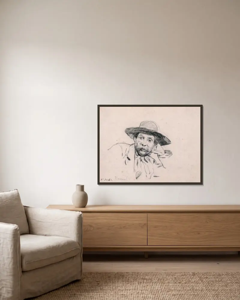 Studie av ett manligt huvud av Santiago Rusiñol inramad på en vägg