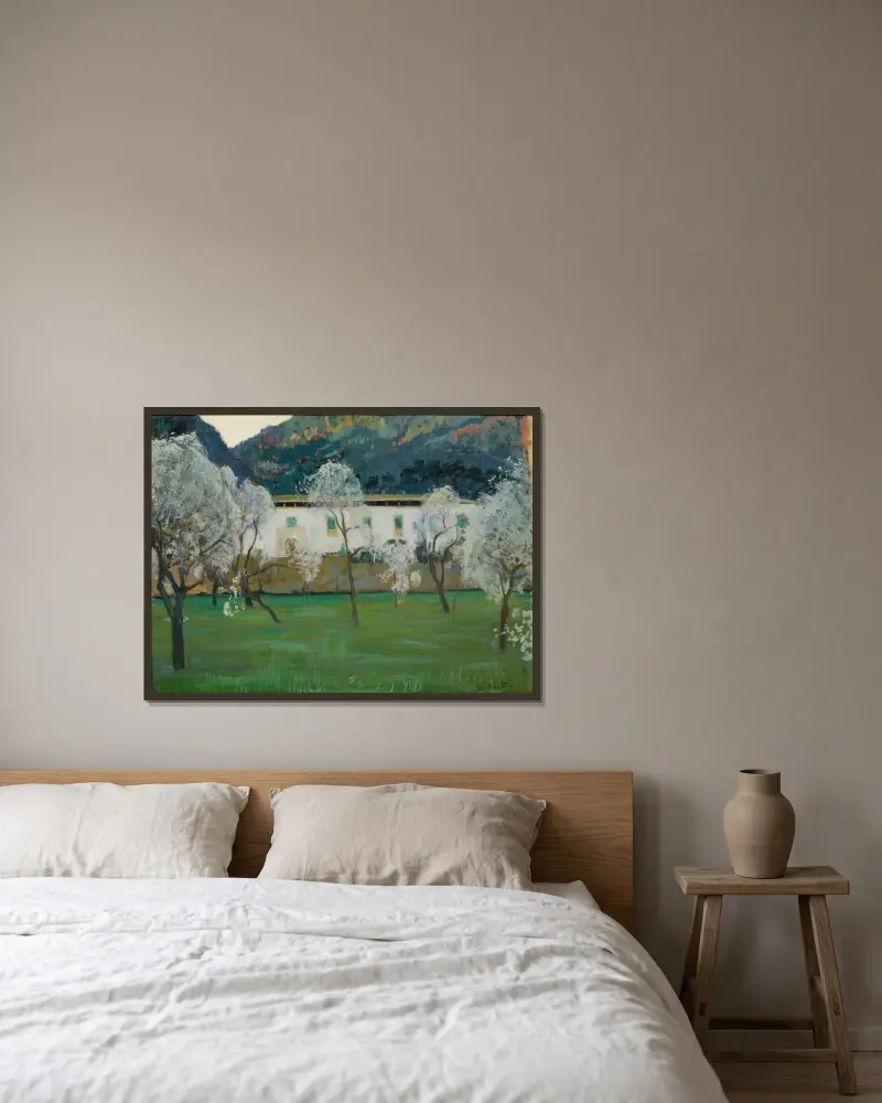 Weißes Landhaus (Bunyola, Mallorca) von Santiago Rusiñol gerahmt an einer Wand