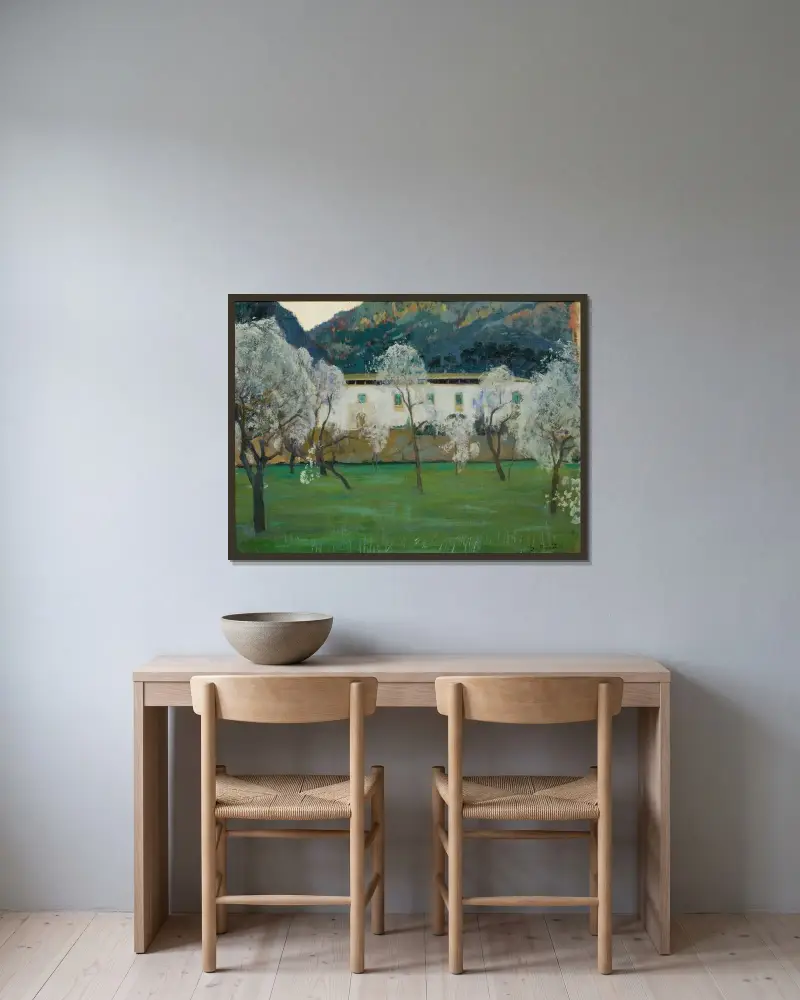 Weißes Landhaus (Bunyola, Mallorca) von Santiago Rusiñol gerahmt an einer Wand
