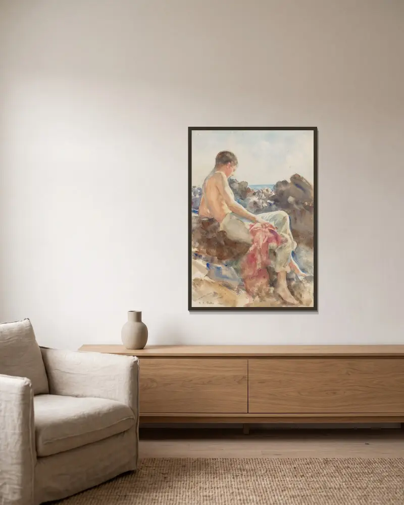 En badande på klipporna av Henry Scott Tuke inramad på en vägg