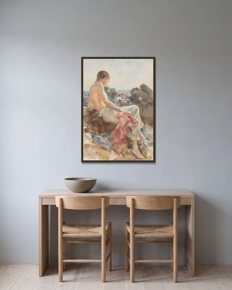En badande på klipporna av Henry Scott Tuke inramad på en vägg
