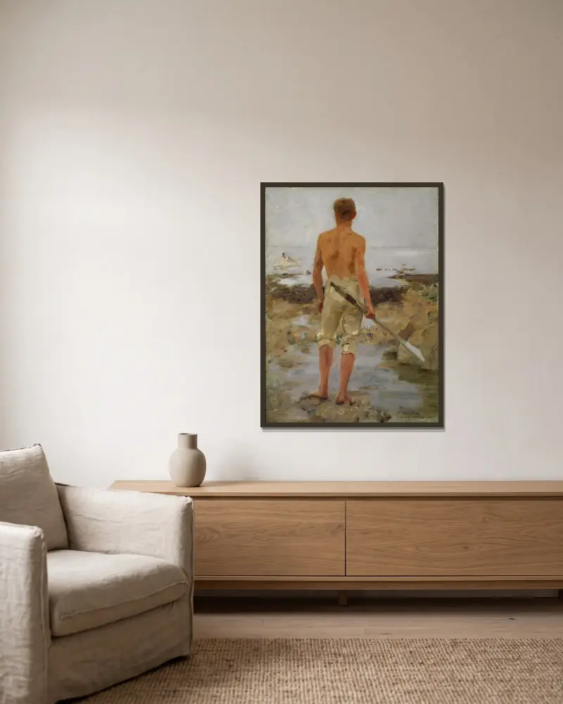 Pojke med åra av Henry Scott Tuke inramad på en vägg
