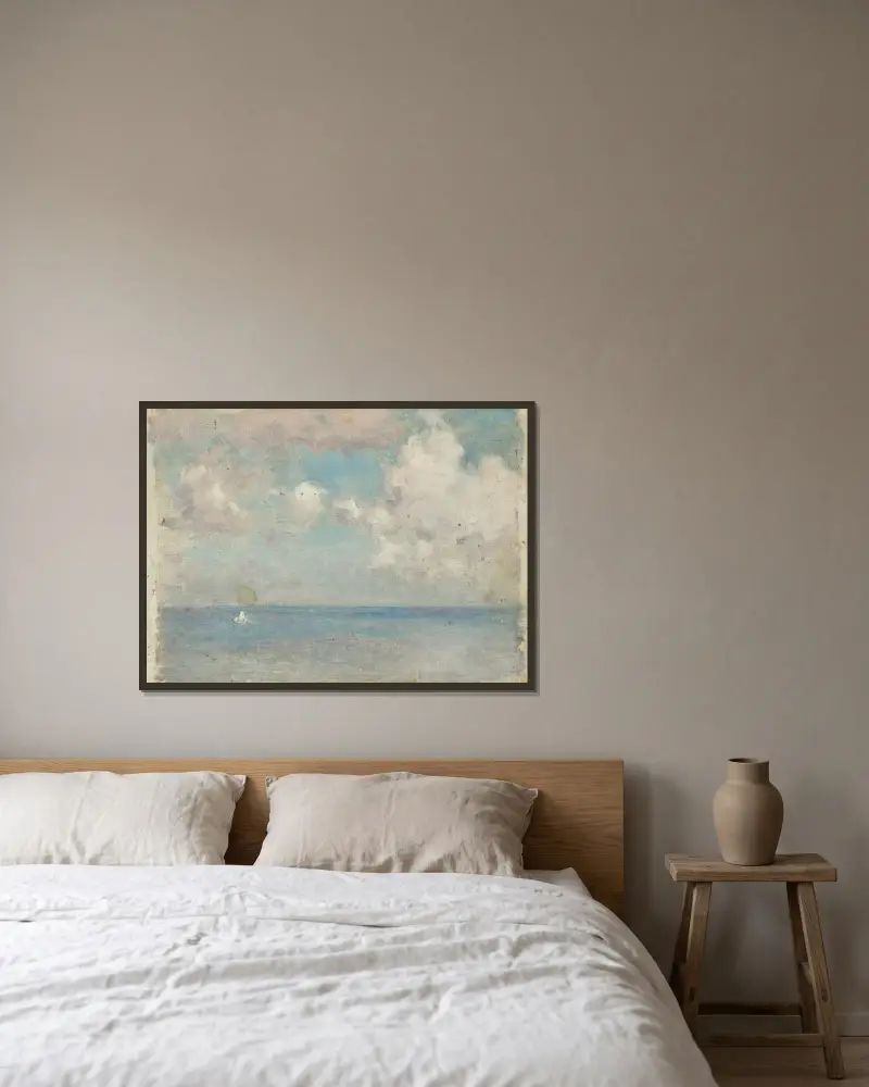 Molnigt havslandskap av Henry Scott Tuke inramad på en vägg