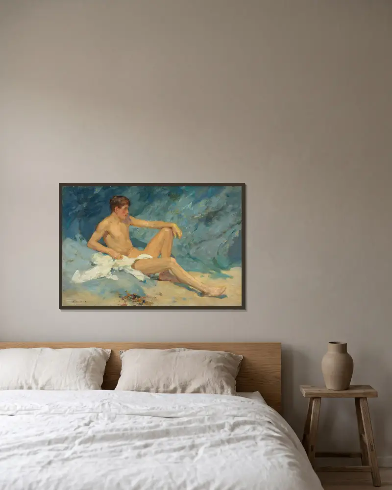A male nude reclining on rocks av Henry Scott Tuke inramad på en vägg
