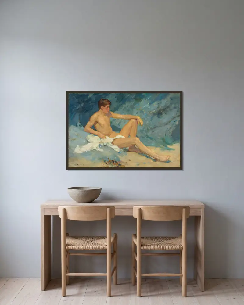 A male nude reclining on rocks av Henry Scott Tuke inramad på en vägg
