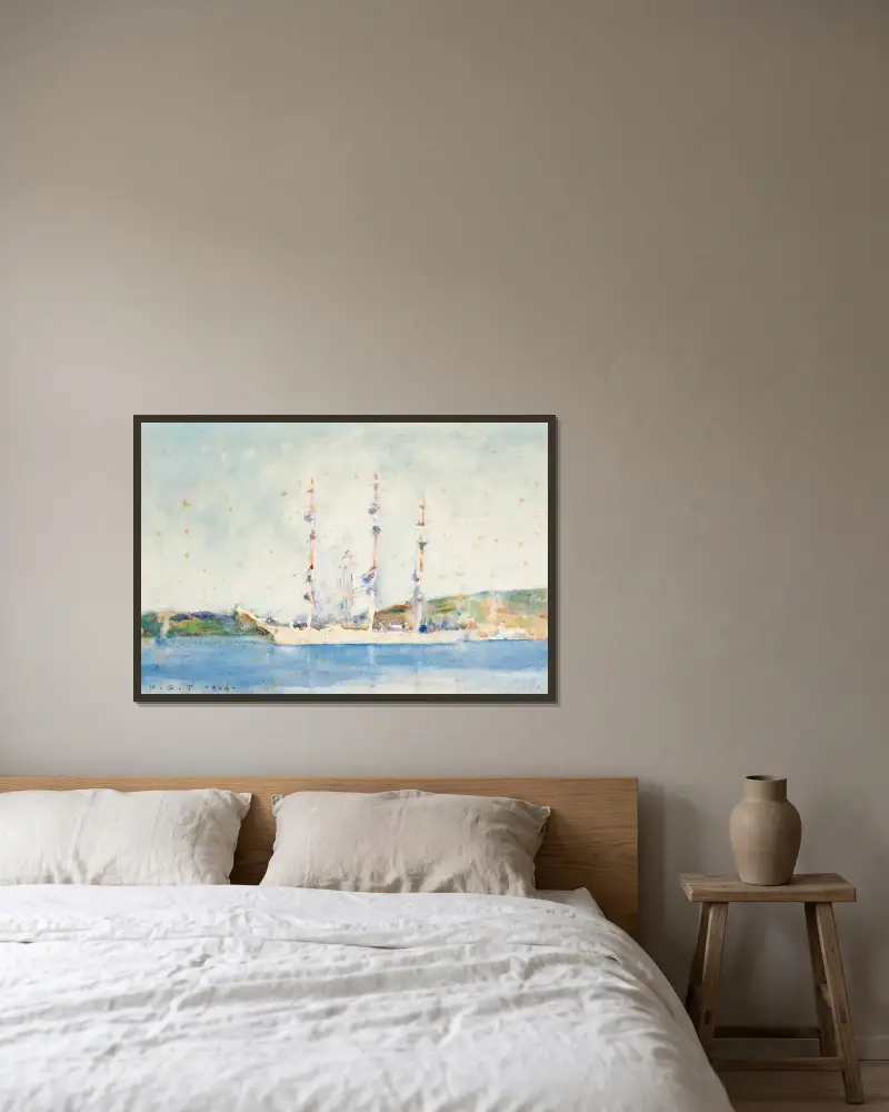 Loď s příčným ráhnováním na kotvě, Henry Scott Tuke v rámu na stěně