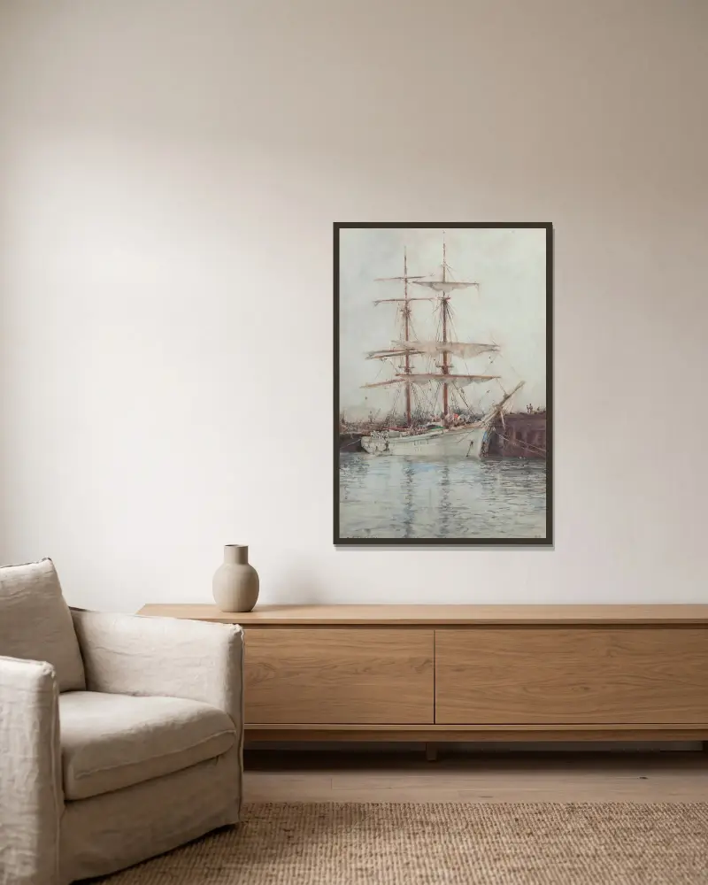 A Windjammer Moored In Falmouth Harbour av Henry Scott Tuke inramad på en vägg
