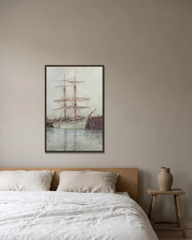 A Windjammer Moored In Falmouth Harbour av Henry Scott Tuke inramad på en vägg
