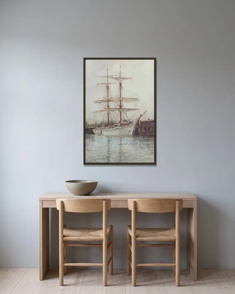 A Windjammer Moored In Falmouth Harbour av Henry Scott Tuke inramad på en vägg