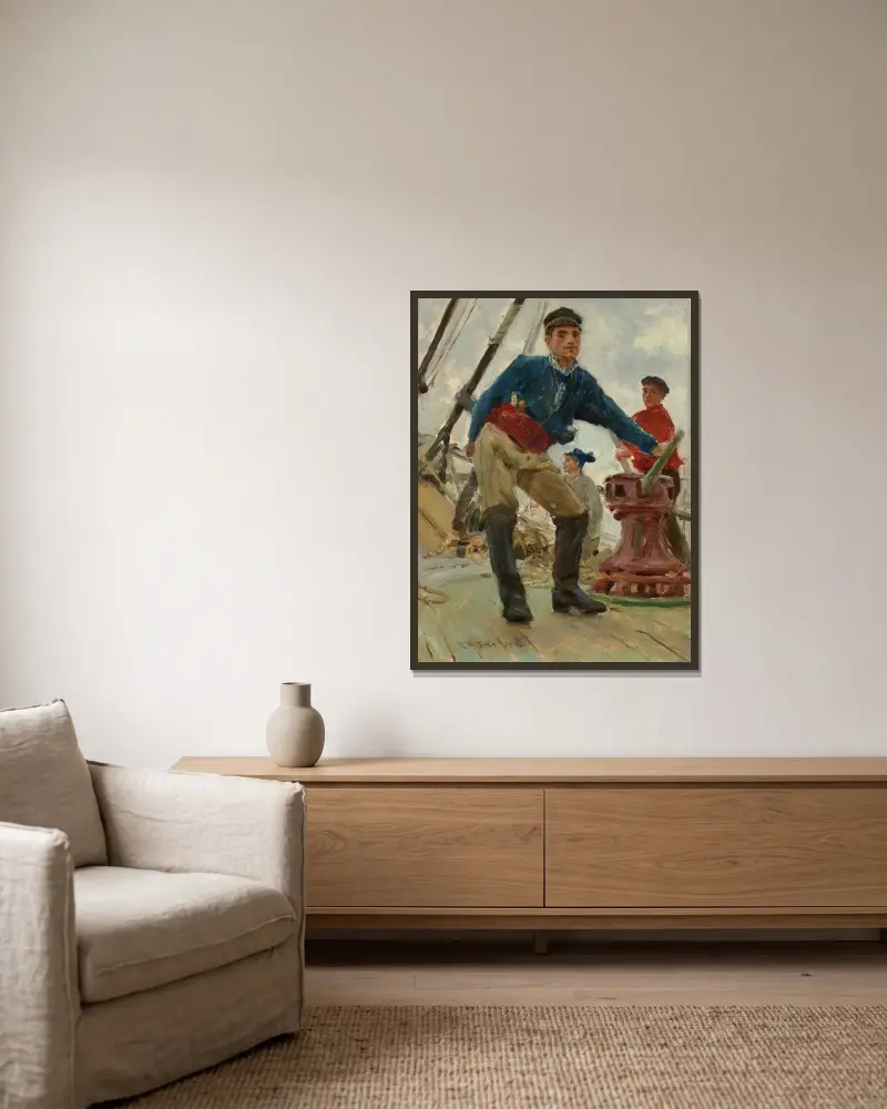 Vid gångspelet på en spansk brigg av Henry Scott Tuke inramad på en vägg