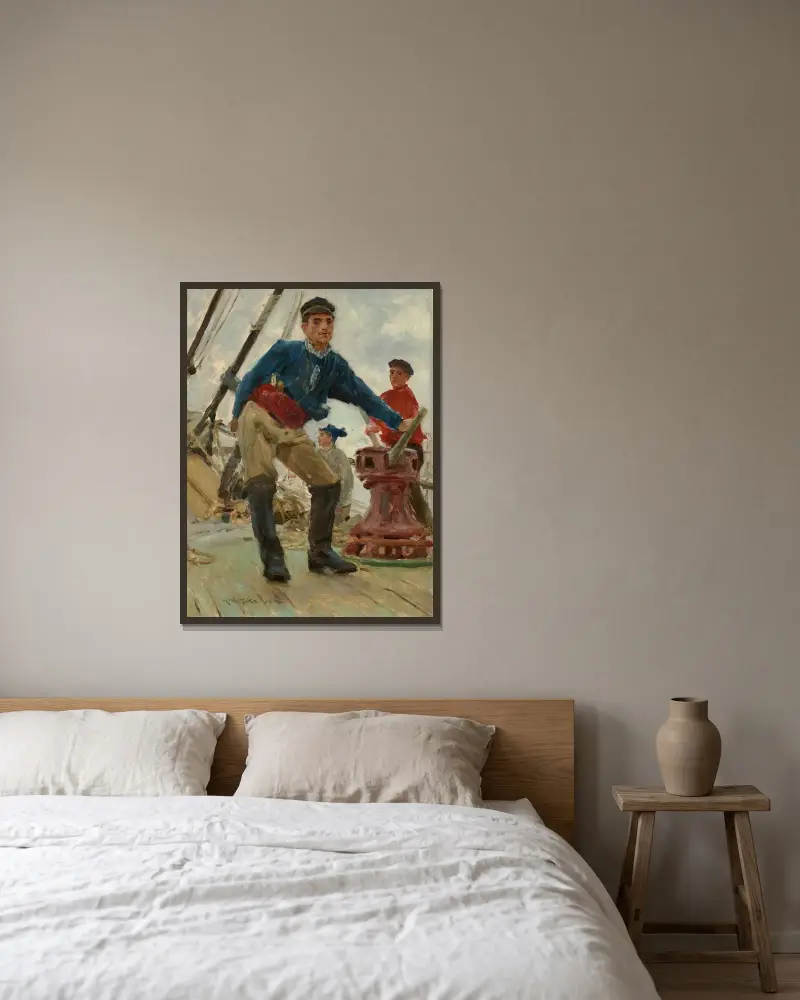 Vid gångspelet på en spansk brigg av Henry Scott Tuke inramad på en vägg