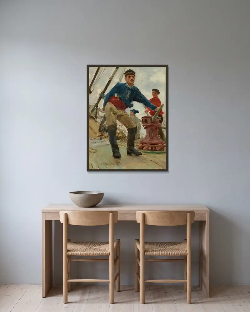 Vid gångspelet på en spansk brigg av Henry Scott Tuke inramad på en vägg