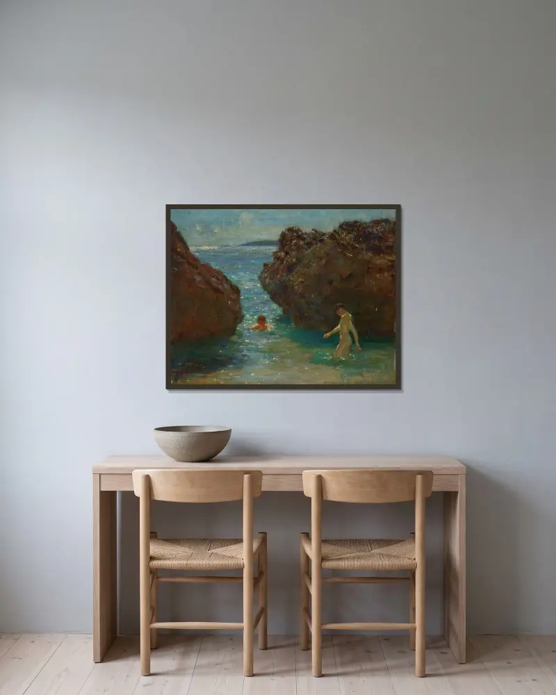 Badande av Henry Scott Tuke inramad på en vägg