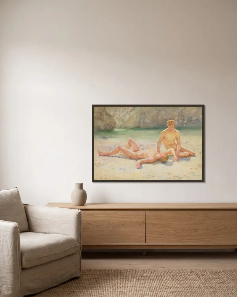Badende Gruppe (Mittagshitze) von Henry Scott Tuke gerahmt an einer Wand
